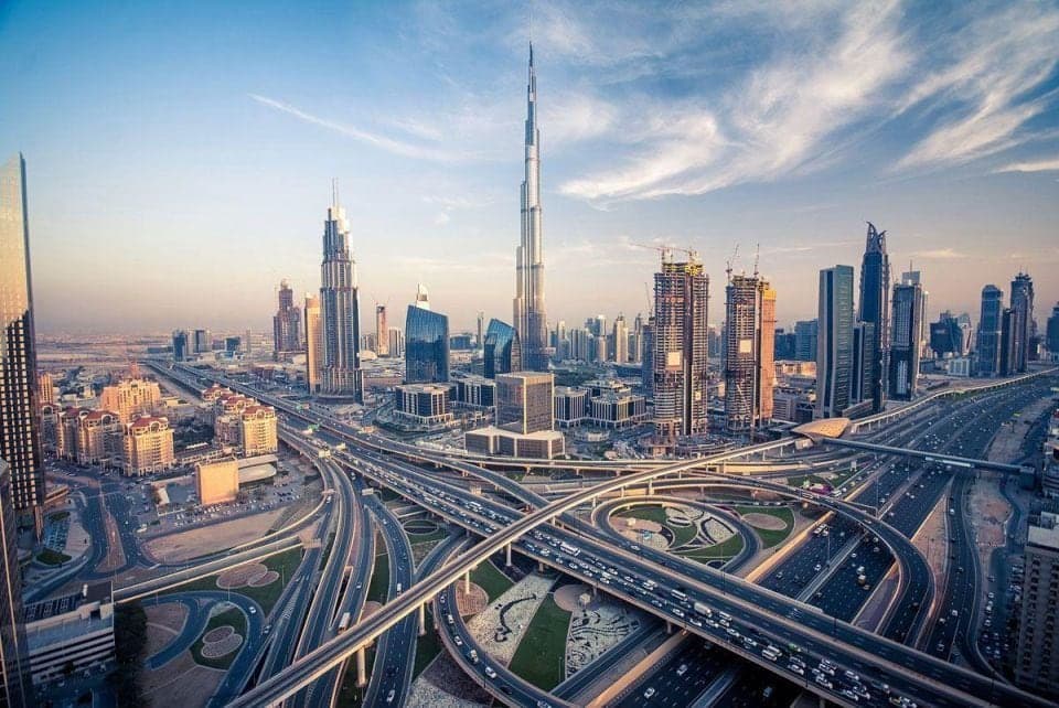 Dubai skyline with the Burj Khalifa and Sheikh Zayed Road interchange